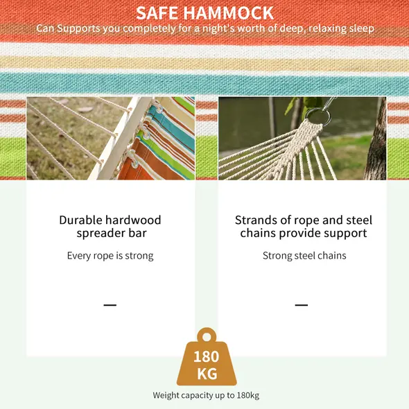 Outsunny Outdoor Garden Hammock with Stand, Double Cotton Hammock with Adjustable Steel Frame, Swing Hanging Bed with Pillow, for Garden, Patio, Beach, Red Stripes - 4