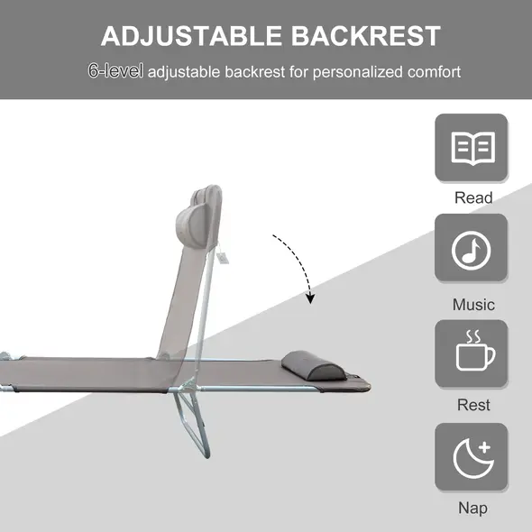 Outsunny Outdoor Foldable Sun Lounger, Adjustable Backrest Garden Recliner Sun Lounger Chair with Headrest Pillow, Coffee - 4