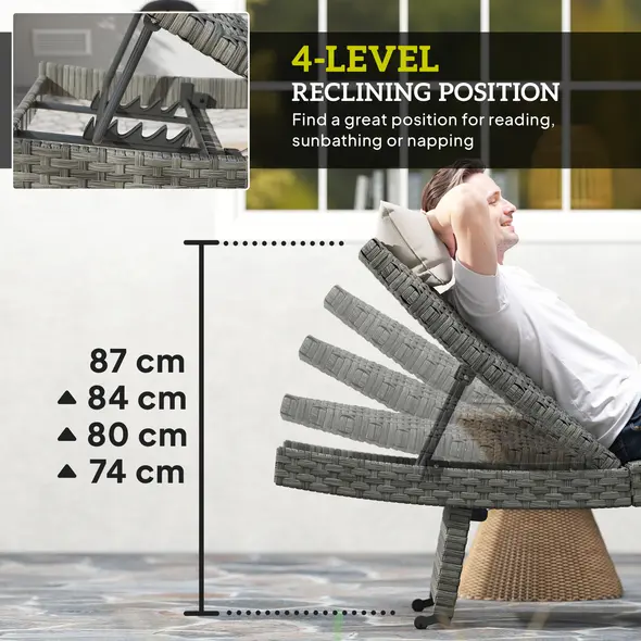 Outsunny Outdoor PE Rattan Sun Lounger, Folding Wicker Garden Lounger Recliner with 4-Level Adjustable Backrest, Rolling Sunbed Lounge Chair with Wheels, Non-Slip Legs for Balcony, Beach, Mixed-grey - 5