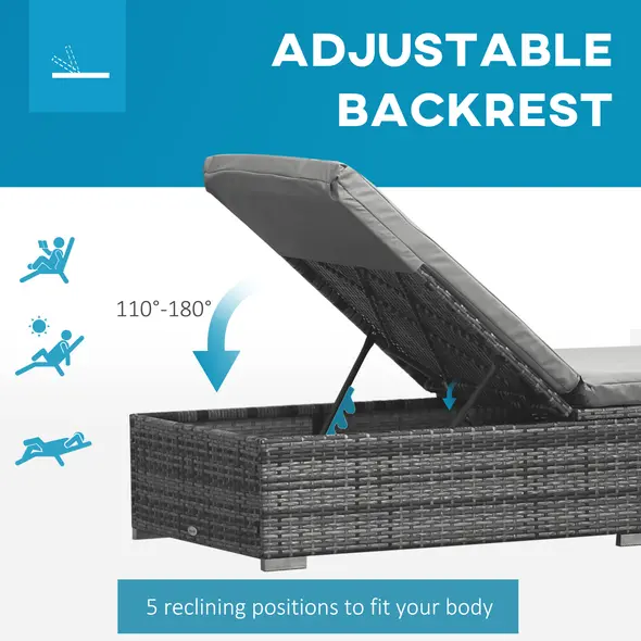 Outsunny PE Rattan Sun Loungers with Cushion, Outdoor Garden Sunbed Furniture with 5-Level Recliner Backrest, and Armrest, Set of 2, Grey - 6