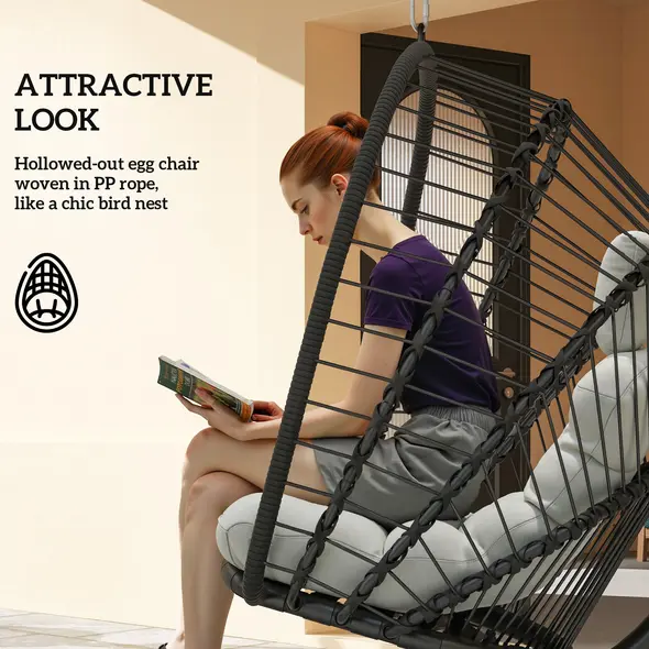 Outsunny Outdoor PE Rattan Swing Chair with Foldable Basket and Cushion, Garden Patio Hanging Egg Chair with Metal Stand, Headrest for Indoor and Outdoor, Black - 6