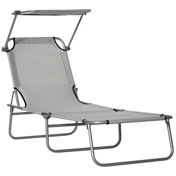 Outsunny Outdoor Foldable Sun Lounger, 4 Level Adjustable Backrest Reclining Sun Lounger Chair with Angle Adjust Sun Shade Awning for Beach, Garden, Patio, Light Grey - 1