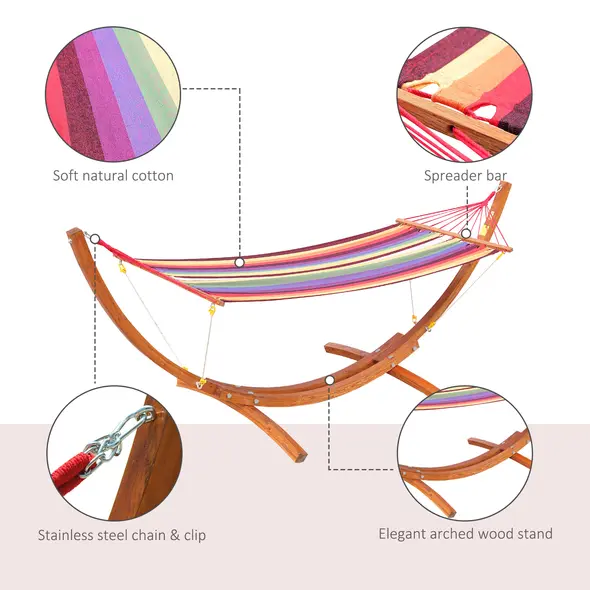 Outsunny Outdoor Hammock with Stand, Free Standing Hammock with Arc Wooden Frame and 200 x 100cm Fabric, Garden Swing Hanging Bed with Safe Ropes, Multicolour - 6