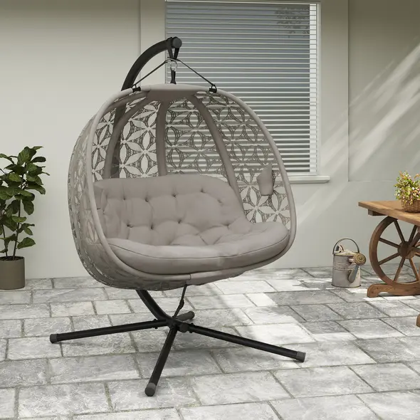 Outsunny Outdoor Double Hanging Chair with Cushion and Cup Holders, Sand Brown - 9