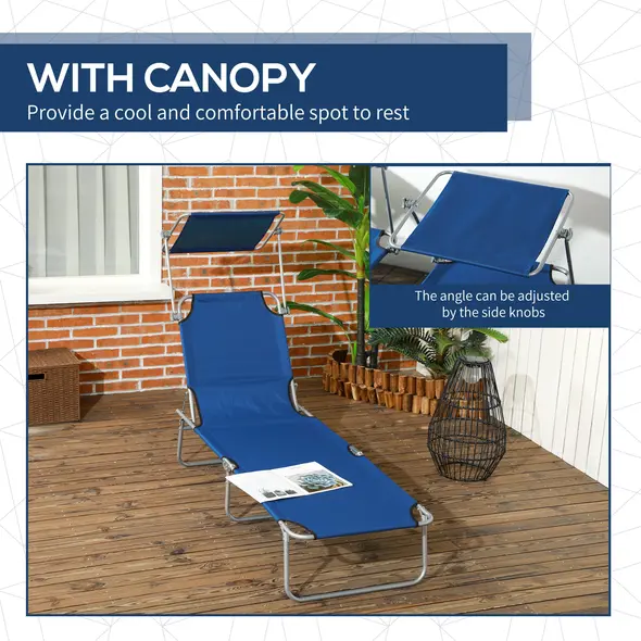 Outsunny Outdoor Foldable Sun Lounger Set of 2, 4 Level Adjustable Backrest Reclining Sun Lounger Chair with Angle Adjust Sun Shade Awning for Beach, Garden, Patio, Blue - 6