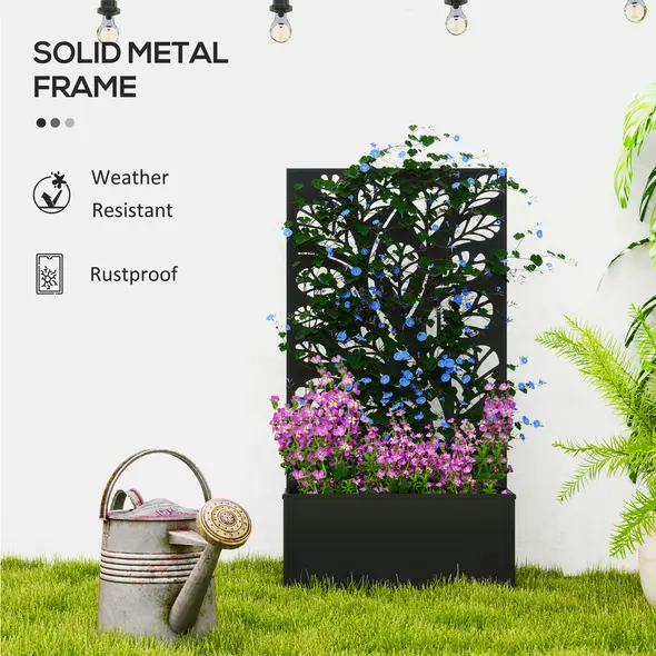 Outsunny Outdoor Metal Planter, with Back Trellis - Black - 6
