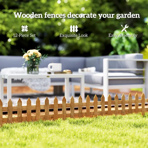 Outsunny Pack of 12 Wooden Border Fences, Garden Fixed Picket Fence for Lawn Edging, Flowerbed, 60L x 1D x 34H cm, Brown - 5