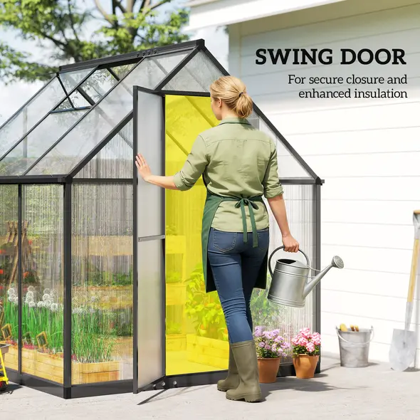 Outsunny Polycarbonate Greenhouse with Swing Door and Adjustable Window, Walk-in Greenhouse with Rain Gutter, 6 x 6.5ft, Black - 7
