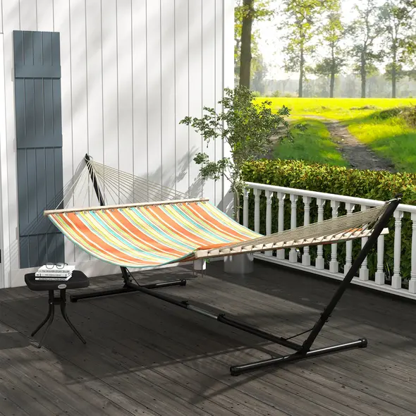 Outsunny Outdoor Garden Hammock with Stand, Double Cotton Hammock with Adjustable Steel Frame, Swing Hanging Bed with Pillow, for Garden, Patio, Beach, Red Stripes - 2
