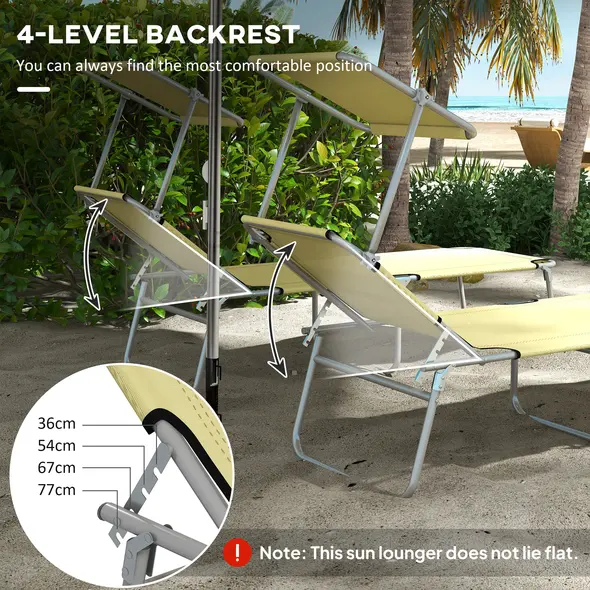 Outsunny Outdoor Foldable Sun Lounger Set of 2, 4 Level Adjustable Backrest Reclining Sun Lounger Chair with Angle Adjust Sun Shade Awning for Beach, Garden, Patio, Beige - 4