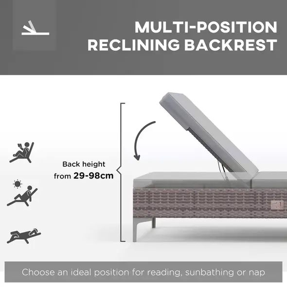 Outsunny Outdoor PE Rattan Sun Lounger Set of 2, Multi-position Backrest Adjustable Single Recliner Sunbed Daybed with Removeable & Washable Cushion, for Patio, Garden, Light Grey - 4
