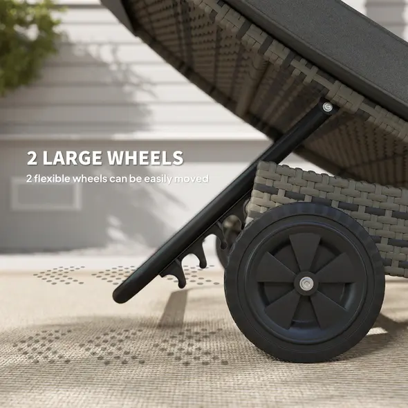 Outsunny Patio Wicker Chaise Lounge Chair, Outdoor PE Rattan Sun Lounger with Adjustable Backrest and 2 Wheels, Dark Grey - 4