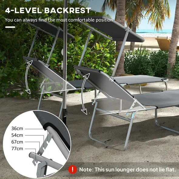Outsunny Outdoor Foldable Sun Lounger Set of 2, 4 Level Adjustable Backrest Reclining Sun Lounger Chair with Angle Adjust Sun Shade Awning for Beach, Garden, Patio, Grey - 4