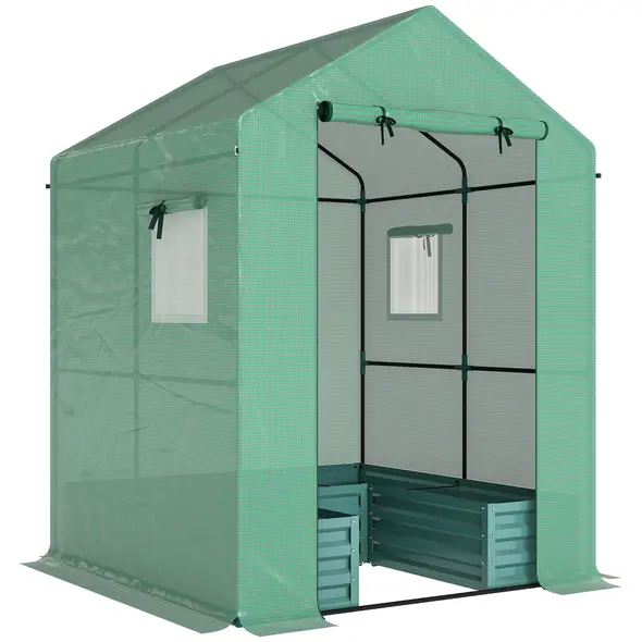 Outsunny Mini Greenhouse with Raised Garden Bed, Galvanised Walk-in Greenhouse with Roll Up Windows, 56" x 56" x 75", Green - 1