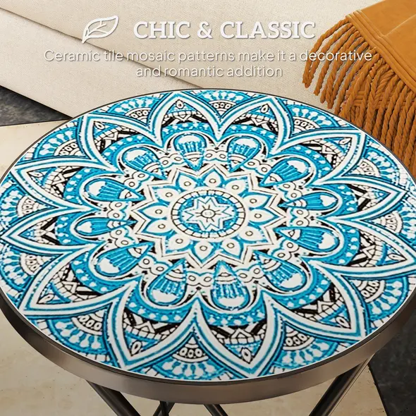 Outsunny Mosaic Outdoor Garden Table, 35.5cm Round Folding Coffee Table with Metal Frame for Balcony Terrace, Blue - 4