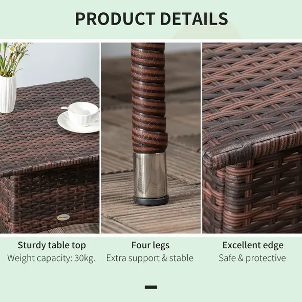 Outsunny Outdoor Rattan Side Table Coffee Table with Plastic Board, Full Woven Table Top for Patio, Garden, Balcony, Mixed Brown - 6