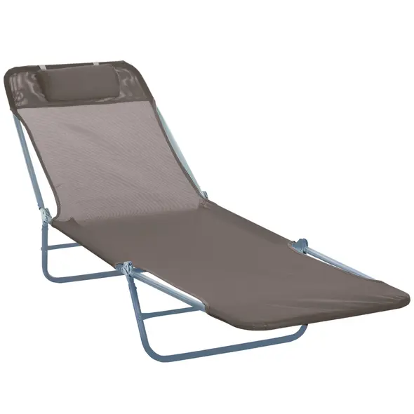 Outsunny Outdoor Foldable Sun Lounger, Adjustable Backrest Garden Recliner Sun Lounger Chair with Headrest Pillow, Coffee - 1