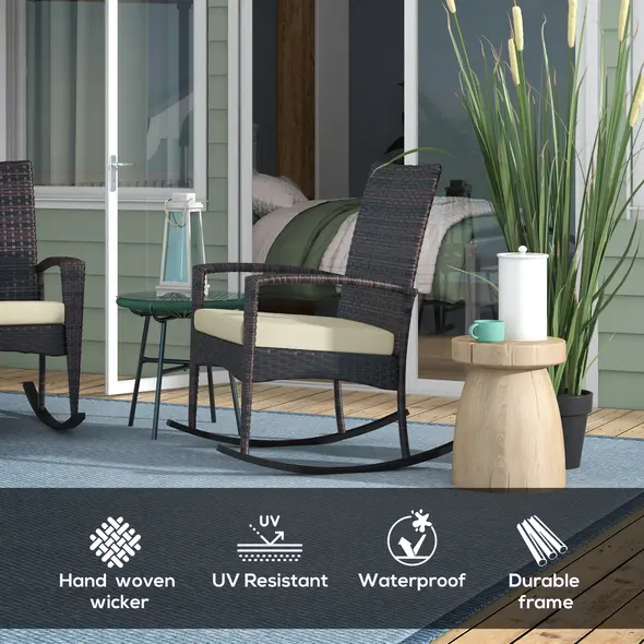 Outsunny Outdoor PE Rattan Rocking Chair Set of 2, Garden Rocking Chair Set with Armrest and Cushion, Brown - 4