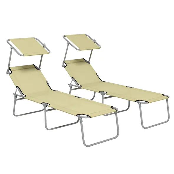 Outsunny Outdoor Foldable Sun Lounger Set of 2, 4 Level Adjustable Backrest Reclining Sun Lounger Chair with Angle Adjust Sun Shade Awning for Beach, Garden, Patio, Beige - 1