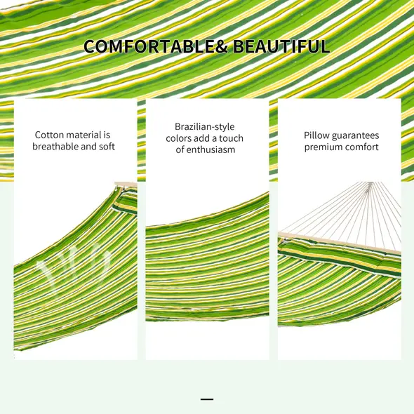 Outsunny Outdoor Garden Hammock with Stand, Double Cotton Hammock with Adjustable Steel Frame, Swing Hanging Bed with Pillow, for Garden, Patio, Beach, Green Stripes - 5