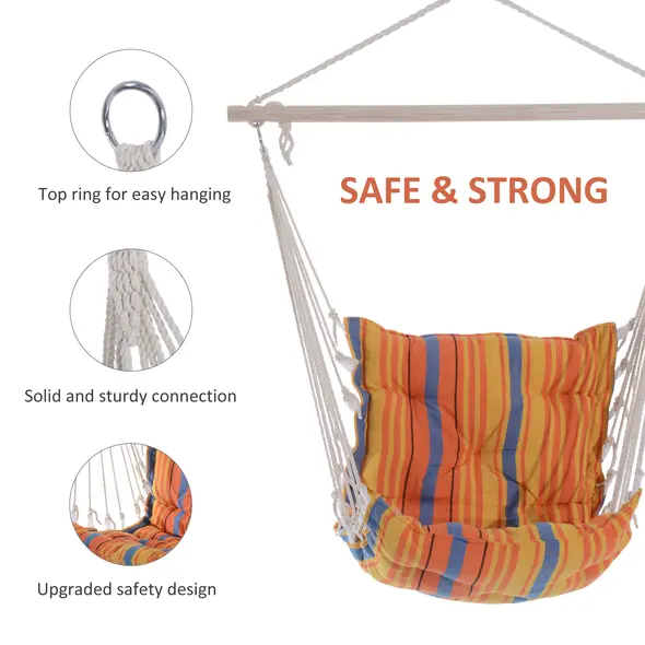 Outsunny Outdoor Hanging Rope Chair with Soft Padded Seat & Backrest, Garden Hammock Chair with Wooden Support Bar Cotton Cloth, Portable Garden Chair for Patio & Tree, Orange - 4