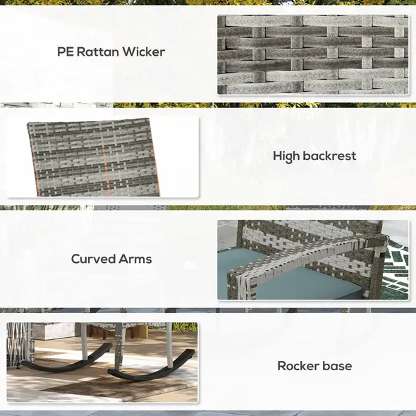 Outsunny Outdoor PE Rattan Rocking Chair Set of 2, Garden Rocking Chair Set with Armrest and Cushion, Light Grey - 5