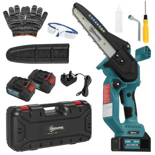 Outsunny Mini Pruning Saw Cordless, 8 Inch Electric Pruning Saw with 2 x 4000mAh Batteries, Brushless Motor and Safety Lock for Tree Trimming, Garden, Wood Cutting, Blue - 1