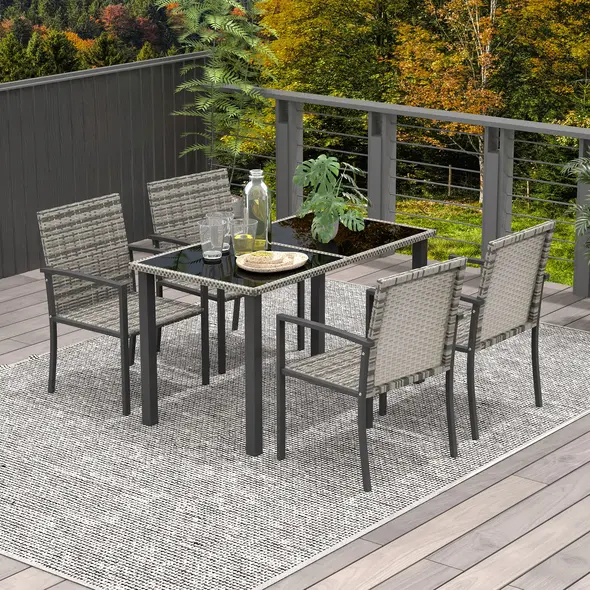 Outsunny Outdoor Dining Set 5 Pieces Patio Conservatory with Tempered Glass Tabletop,4 Dining Chairs - Mixed Grey - 2