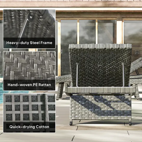 Outsunny Outdoor PE Rattan Sun Lounger, Folding Wicker Garden Lounger Recliner with 4-Level Adjustable Backrest, Rolling Sunbed Lounge Chair with Wheels, Non-Slip Legs for Balcony, Beach, Mixed-grey - 8