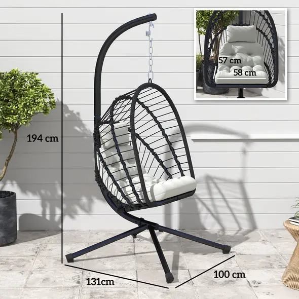 Outsunny Outdoor PE Rattan Swing Chair with Foldable Basket and Cushion, Garden Patio Hanging Egg Chair with Metal Stand, Headrest for Indoor and Outdoor, Black - 3