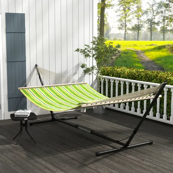 Outsunny Outdoor Garden Hammock with Stand, Double Cotton Hammock with Adjustable Steel Frame, Swing Hanging Bed with Pillow, for Garden, Patio, Beach, Green Stripes - 2