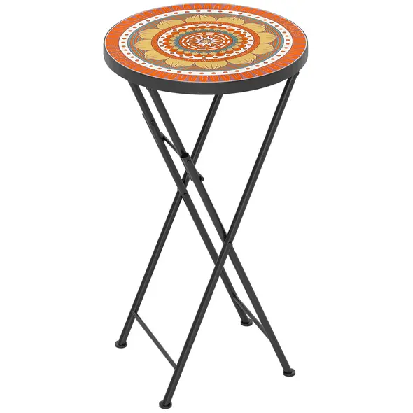 Outsunny Mosaic Outdoor Garden Table, 35.5cm Round Folding Coffee Table with Metal Frame for Balcony Terrace, Orange - 1