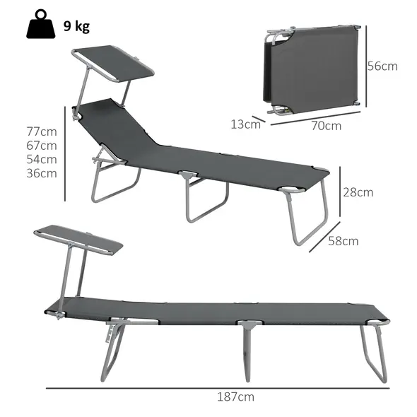 Outsunny Outdoor Foldable Sun Lounger Set of 2, 4 Level Adjustable Backrest Reclining Sun Lounger Chair with Angle Adjust Sun Shade Awning for Beach, Garden, Patio, Grey - 3