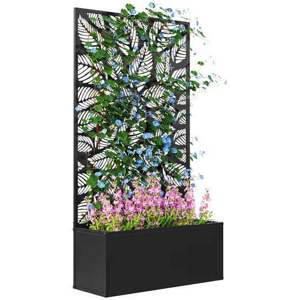 Outsunny Outdoor Metal Planter, with Back Trellis - Black - 1