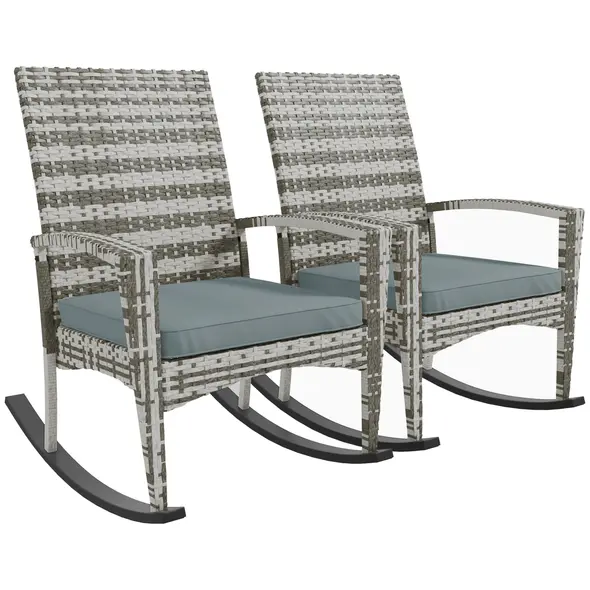 Outsunny Outdoor PE Rattan Rocking Chair Set of 2, Garden Rocking Chair Set with Armrest and Cushion, Light Grey - 1