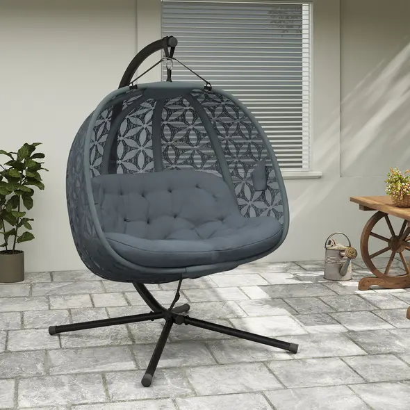 Outsunny Outdoor Double Hanging Chair with Cushion and Cup Holders, Charcoal Grey - 9