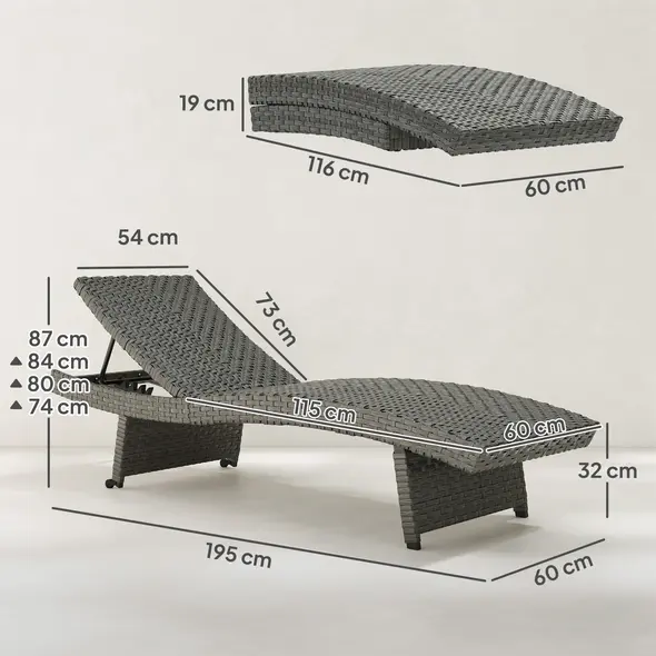 Outsunny Outdoor PE Rattan Sun Lounger, Folding Wicker Garden Lounger Recliner with 4-Level Adjustable Backrest, Rolling Sunbed Lounge Chair with Wheels, Non-Slip Legs for Balcony, Beach, Mixed-grey - 3