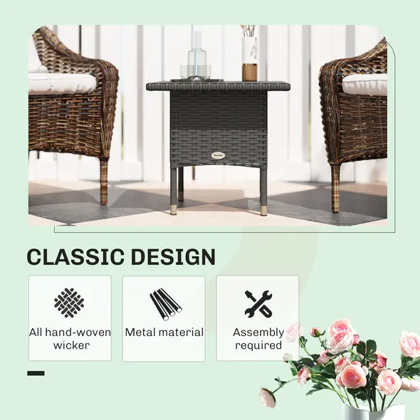 Outsunny Rattan Side Table, Outdoor Coffee Table with Plastic Board Under the Full Woven Table Top for Patio, Garden, Balcony, Grey - 4