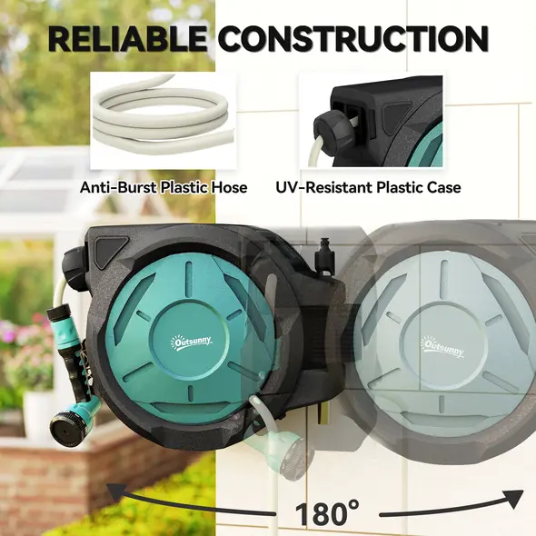 Outsunny Retractable Hose Reel Wall Mounted, 20+2m Garden Hose Pipe Reel with Lock, Auto Rewind, 7 in 1 Spray Nozzle, Includes Wall Fixings, 180° Swivel, Outdoor Watering, 59 x 20 x 39 cm, Black - 5