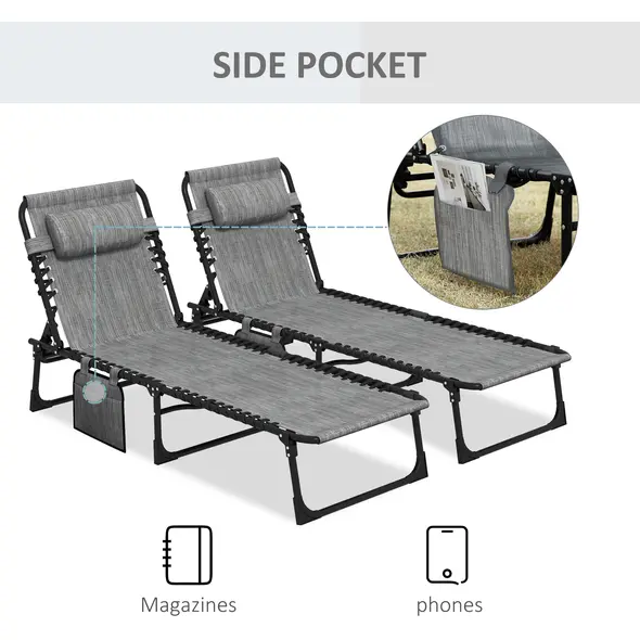 Outsunny Portable Sun Lounger Set of 2, Folding Camping Bed Cot, Reclining Lounge Chair 5-position Adjustable Backrest with Side Pocket, Pillow for Patio Garden Beach Pool, Mixed Grey - 7