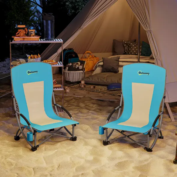Outsunny Set of 2 Folding Beach Chair, Low Camping Chair with Mesh Back, Carry Bag and Cup Holder for Garden Outdoor Picnic Festival Travel, Blue - 8
