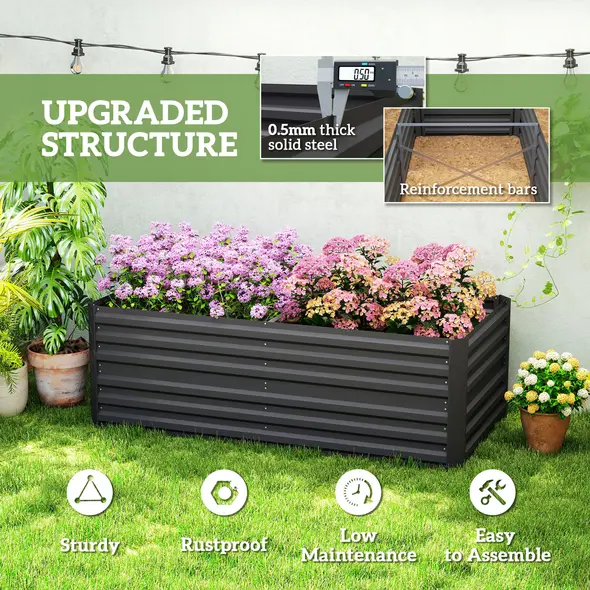 Outsunny Raised Beds for Garden, Galvanised Steel Outdoor Planters with Multi-reinforced Rods, 180 x 90 x 59 cm, Black - 5