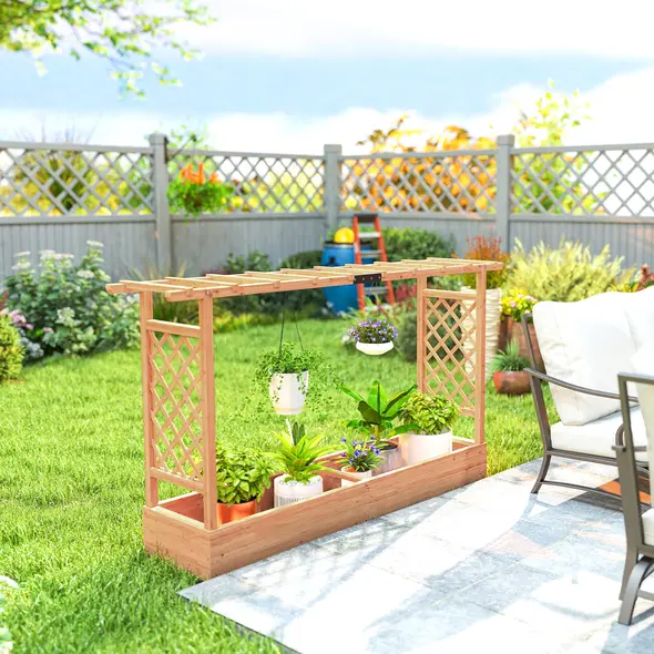 Outsunny Raised Planter with Trellis, Wooden Raised Bed for Garden with Hanging Roof and Drainage Holes, Outdoor Planter Box - 8