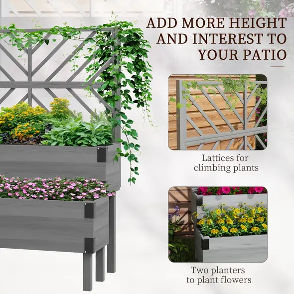 Outsunny Raised Garden Bed with Trellis, 2-Tier Wooden Elevated Planter Box  for Vegetables, Flowers, Herbs, Grey - 4