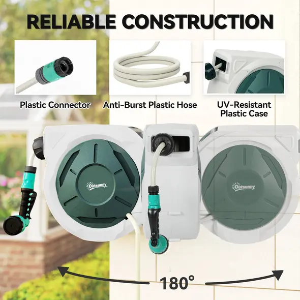 Outsunny Retractable Hose Reel Wall Mounted, 30+2m Garden Hose Pipe Reel with Lock, Auto Rewind, 7 in 1 Spray Nozzle, Includes Wall Fixings, 180° Swivel, Outdoor Watering, 59 x 23 x 42 cm, Grey - 5