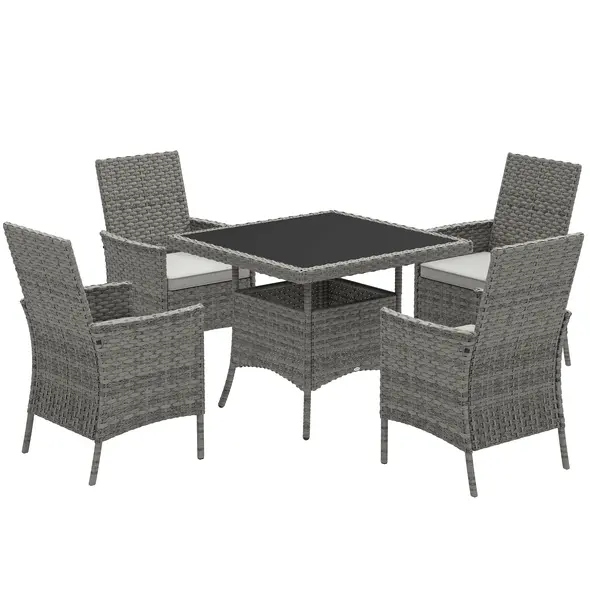 Outsunny Rattan Garden Furniture Set, Outdoor Dining Table and Chairs 4 Seater with Cushions, Square Tempered Glass Top, 4 Armchairs, for Balcony, Terrace, Conservatory, Grey - 1