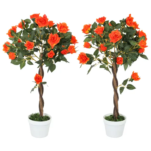 Outsunny Set of 2 Artificial Plants White Rose Floral in Pot, Fake Plants for Home Indoor Decor, 90cm, Orange - 1