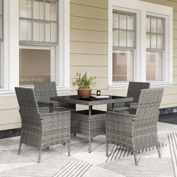 Outsunny Rattan Garden Furniture Set, Outdoor Dining Table and Chairs 4 Seater with Cushions, Square Tempered Glass Top, 4 Armchairs, for Balcony, Terrace, Conservatory, Grey - 2
