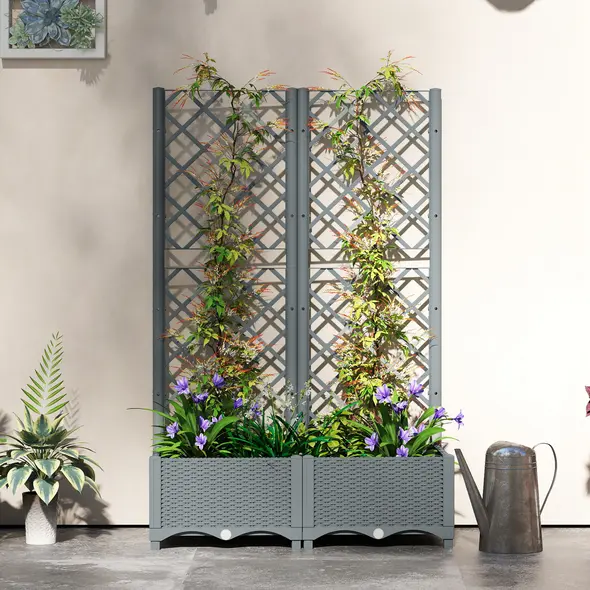Outsunny Raised Garden Bed with Trellis, Plastic Planter Box with Drainage Holes, Drain Plugs and Water Reservoirs for Climbing Plants, Vegetables, Flowers, Grey - 9