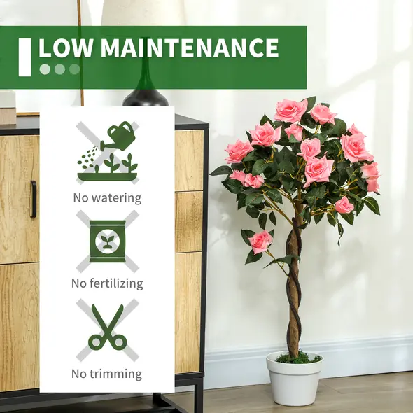 Outsunny Set of 2 Artificial Plants Pink Rose Floral in Pot, Fake Plants for Home Indoor Decor, 90cm - 6